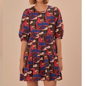 NWT FARM RIO Wild Mushrooms 🍄 Black Puff Sleeve Mini Dress SIZE L